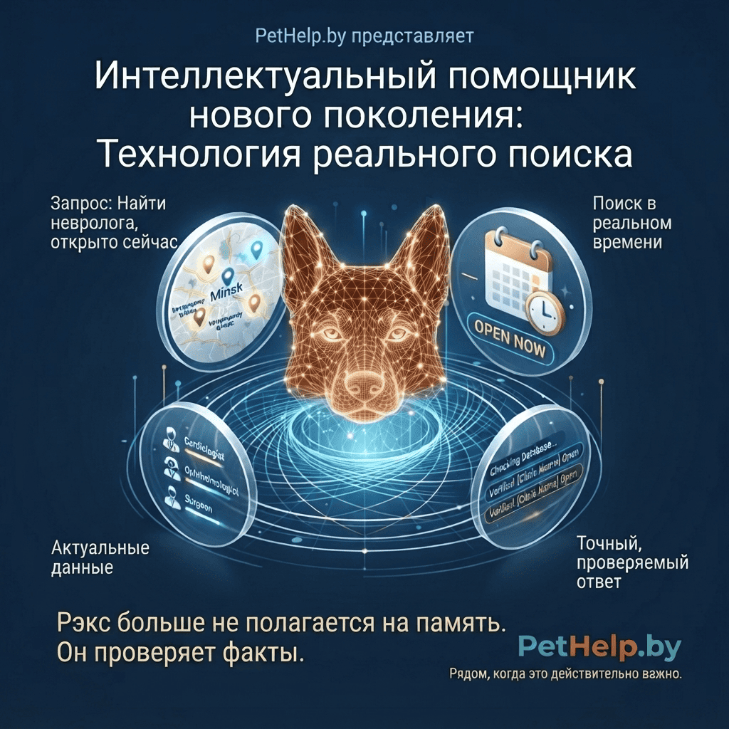 Рэкс подсказывает первую помощь питомцу и помогает организовать перевозку крупных собак и других животных